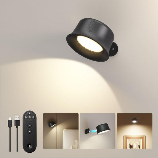 Luce Da Parete LED Interna,Lampada Da Parete Con Batteria Ricaricabile,Telecomando Con Controllo Tattile,Rotazione a 360°, Lampade Da Parete Wireless per Soggiorno Camera Da Letto, Nero 1 Pezzo