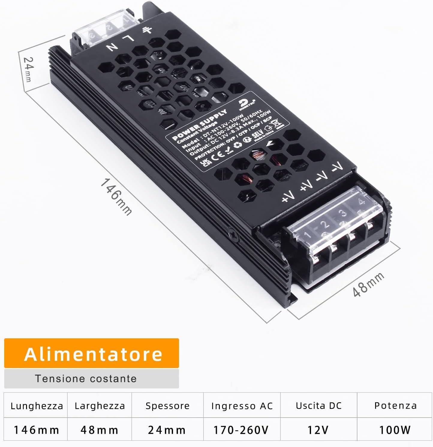 Trasformatore LED 12V 100W, Alimentatore 220 12V LED, DC 8.33A LED Driver, IP20 Adattatore LED a Tensione Costante per Striscia LED MR16 G4 Lampadina,