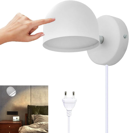 Lampada Da Parete Interno Con Spina, LED 9W Applique Da Parete Touch Control Dimmerabile, Girevole a 350° Lampada Da Comodino, 3000K Bianco Caldo Regolabile Luce Lettura per Camera Da Letto,Bianca