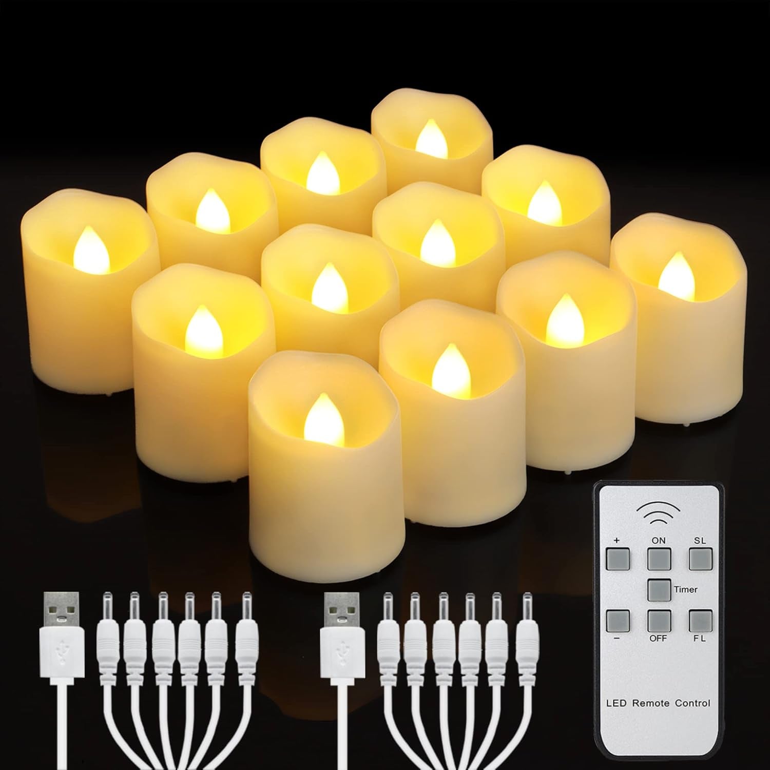 12 Lumini Ricaricabili a LED Con Timer a Distanza, Ricaricabili, Senza Fiamma, Luce Bianca Calda, Decorazione per Halloween, Natale, Matrimonio, Decorazione (Con 2 Cavi Di Ricarica USB)