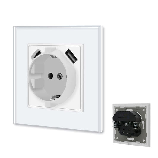 Presa Schuko Con Usb/Tipo C 16 Amp Con Morsetto a Incastro, Presa Da Incasso Con Doppia Usb/Tipo C Da 86 Mm, Colore Bianco