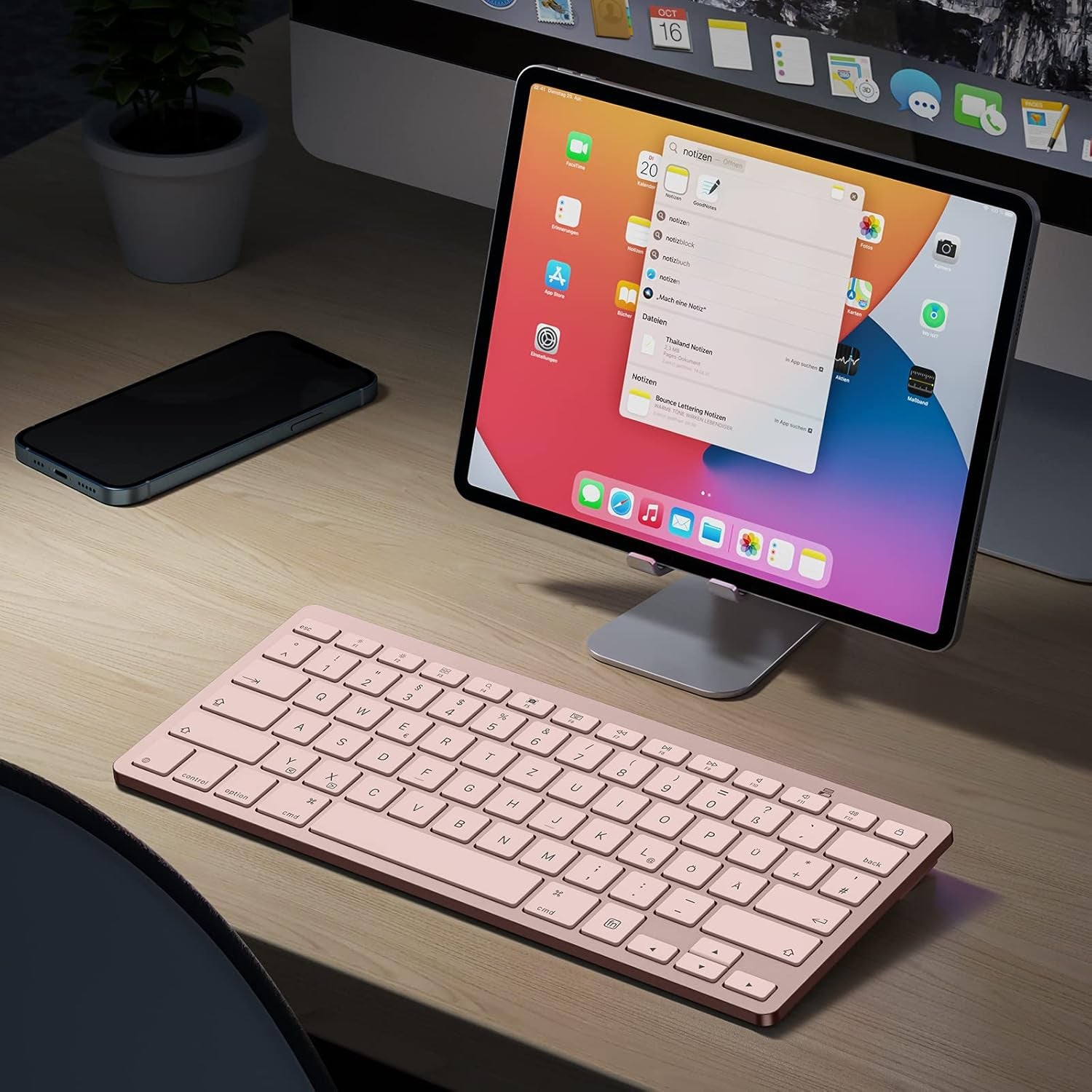 Tastiera Bluetooth Tedesca per Ipad, Ultra Sottile, Compatibile Con Ipad 10,2/9,7, Ipad Pro 11/Ipad Pro 12.9, Ipad Air/Ipad Mini/Iphone, Connessione Stabile, Rosa