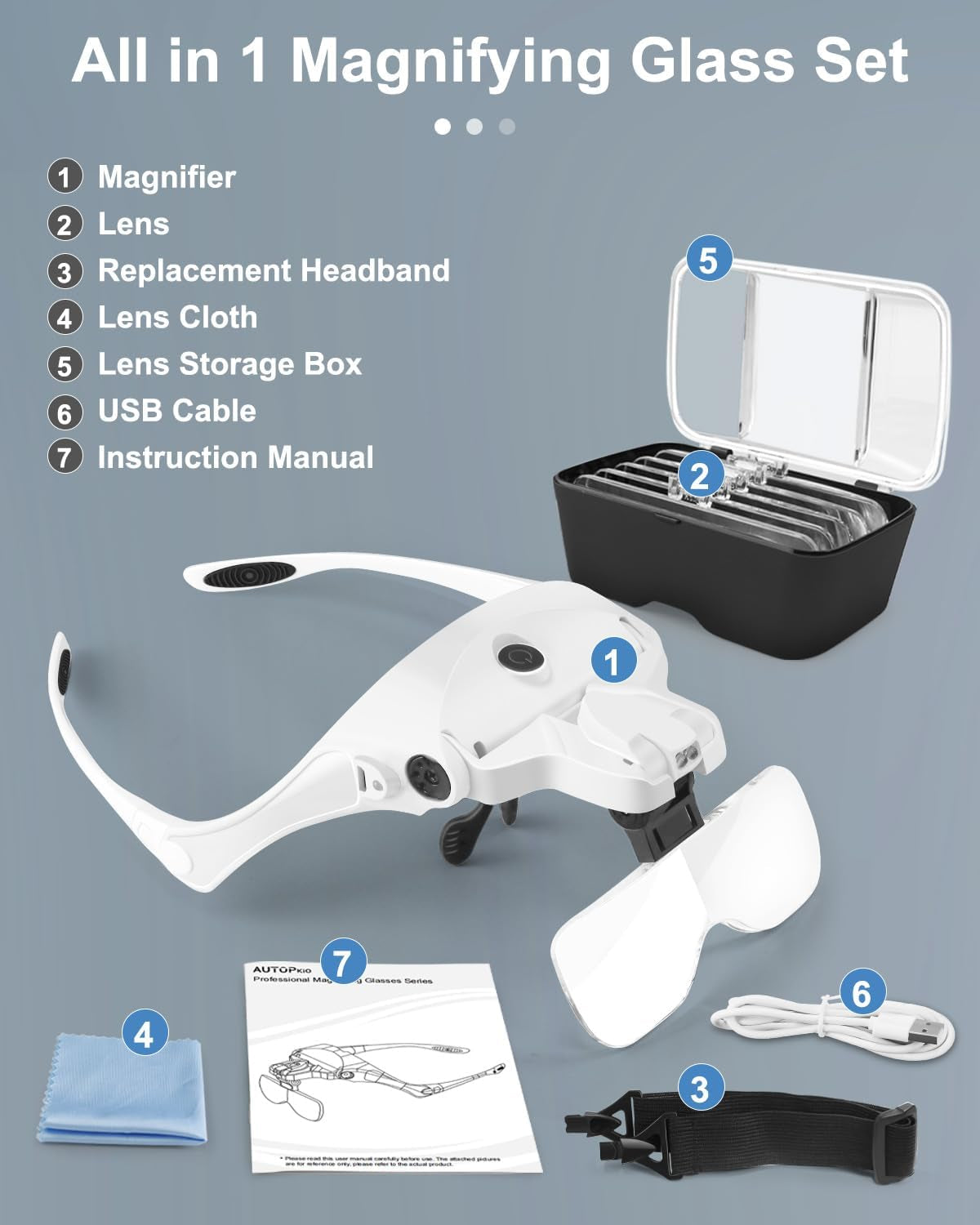 Lenti D'Ingrandimento USB Charge, Regolabile Mani Libere Auricolare Magnifier Con 2 Headset LED Fascia Occhiali per La Riparazione Intercambiabili 5 Lenti 1.0X, 1.5X, 2.0X, 2.5X, 3.5X