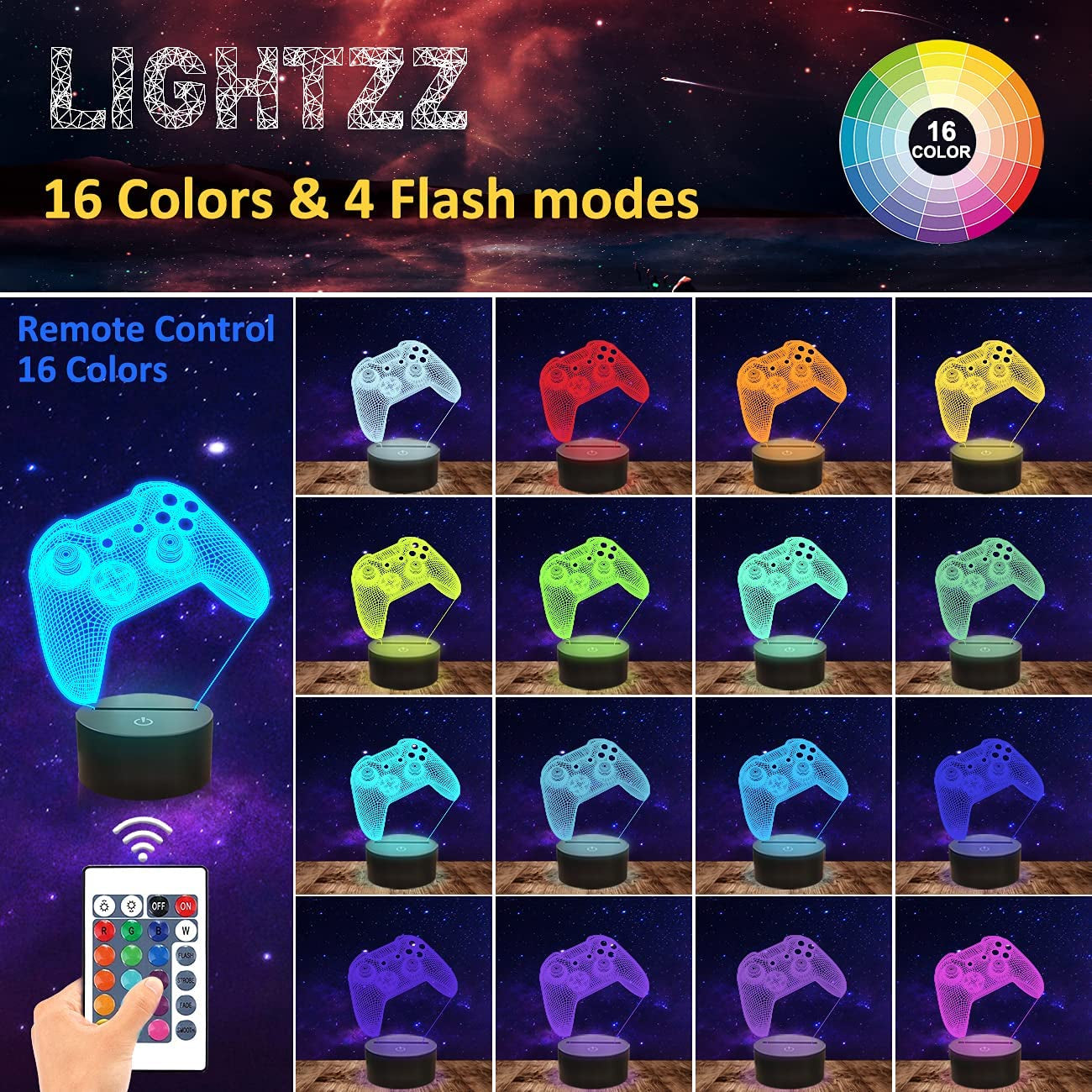 Luce Notturna 3D Gamepad, Game Console Illusion Lampada Con Telecomando + Touch 16 Colori Lampeggiante Cambiando Da Decorazione Camera Regali Di Compleanno per Fan Di Gioco