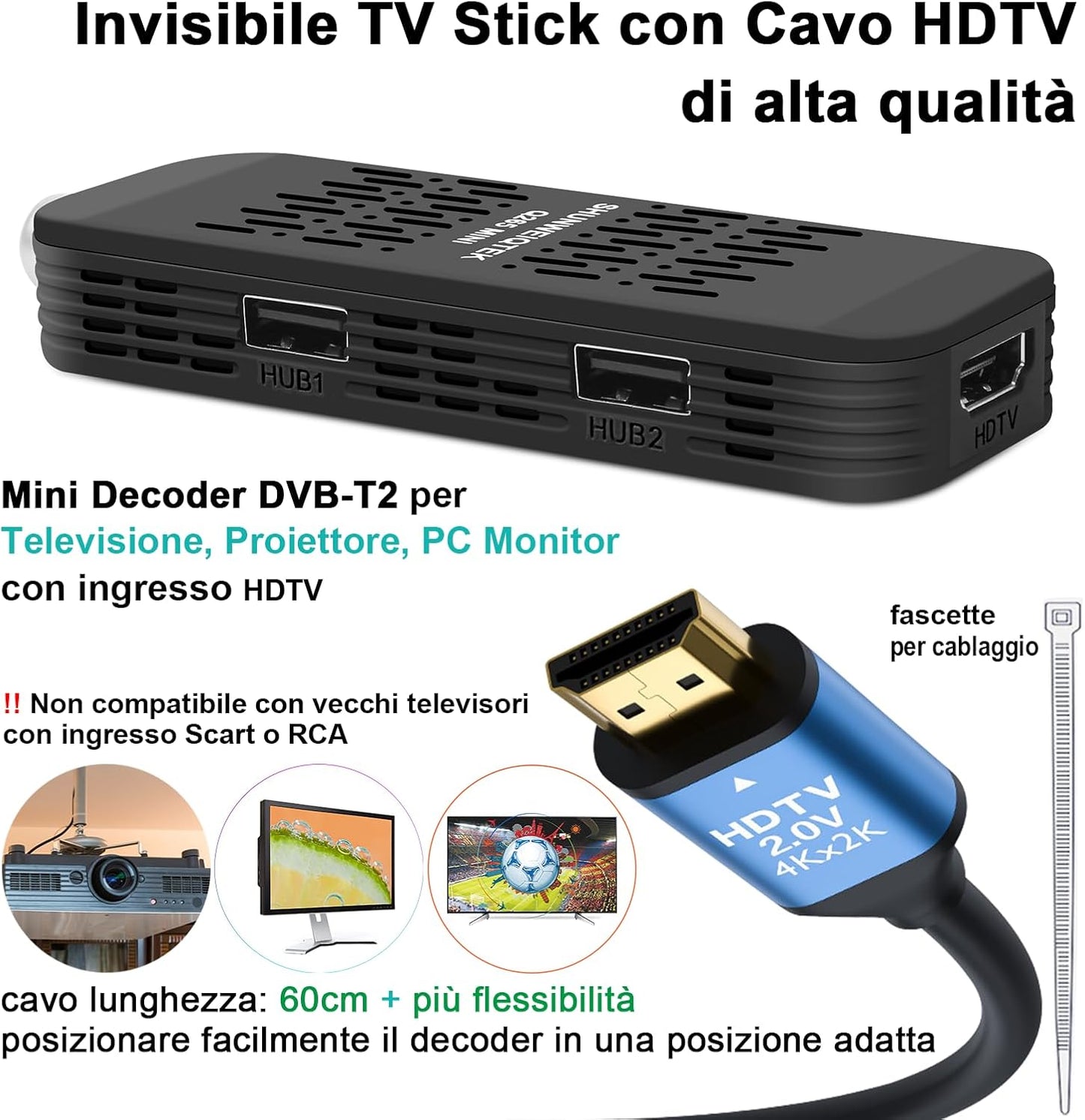 Q265 Mini Decoder Digitale Terrestre 2024 Con USB PVR Registrazione E Lettore Multimediale, Decoder DVB-T2 Con Telecomando 2In1 E H265 HEVC Main10, Supporto USB Wifi/Usb Tethering