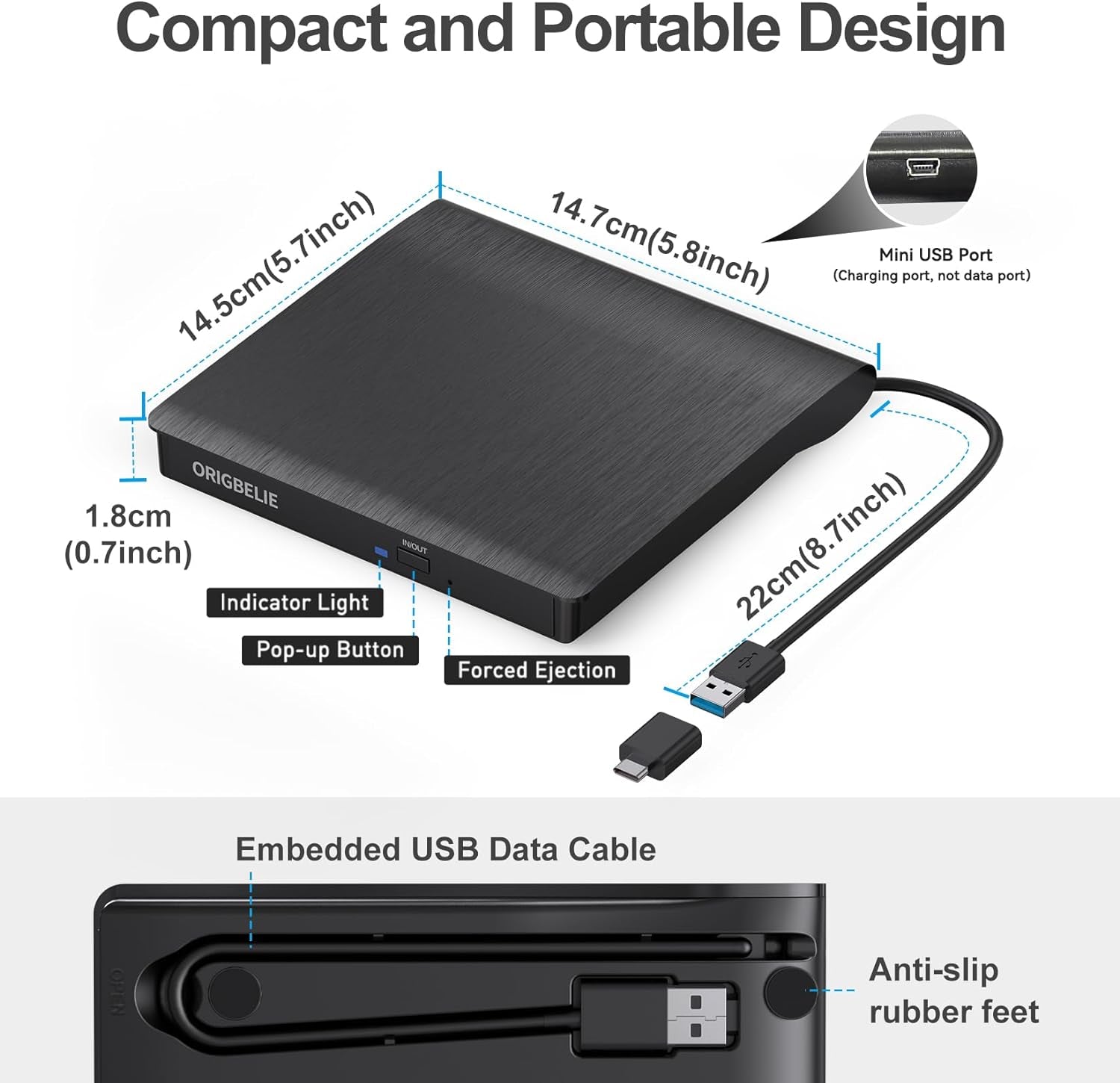 Lettore CD Esterno USB 3.0 DVD-R CD-RW Drive, Plug&Play Masterizzatore DVD Esterno, Ultra Magro Lettore DVD Portatile per PC Desktop Macbook Air/Pro Windows 11/10/8/7/XP Vista Linux Mac OS