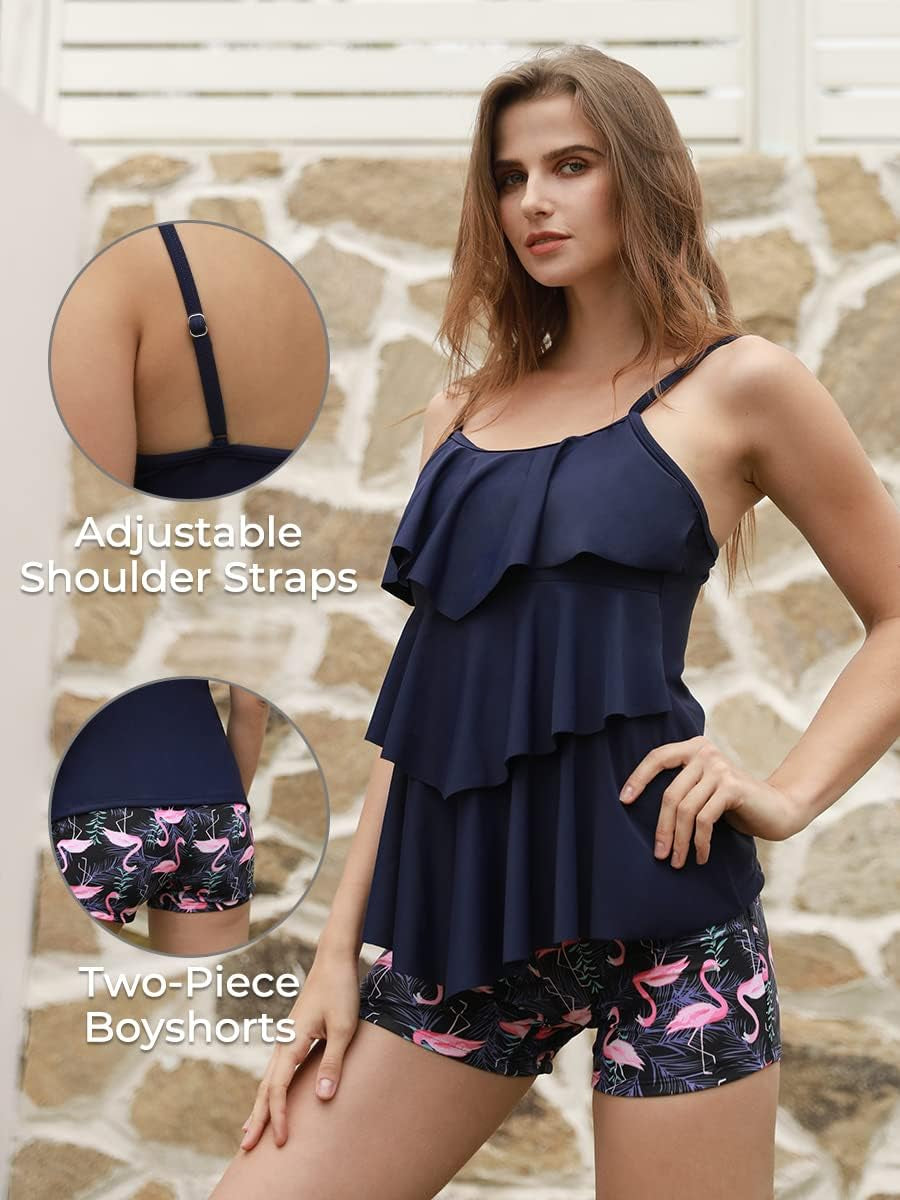 Costumi Da Bagno Donna Due Pezzi Tankini Regolabile Senza Maniche Blu Fenicottero S