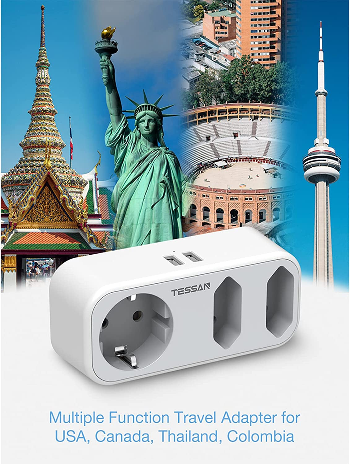 Adattatore Presa Americana, Adattatore USA Con 3 Tomas Y 2 USB, Presa Americana Adattatore Italiana Para USA Tailandia Canada Messico, Adattatore Spina Americana