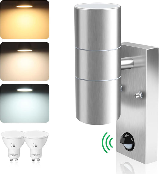 Acciaio Inox LED Lampade Da Parete Con Sensore Di Movimento 8W 750LM up down Applique Da Esterno, Con 2X Lampadine GU10 Variabile 3000K 4000K 6000K, IP65 Impermeabile per Portico Giardino, Argento