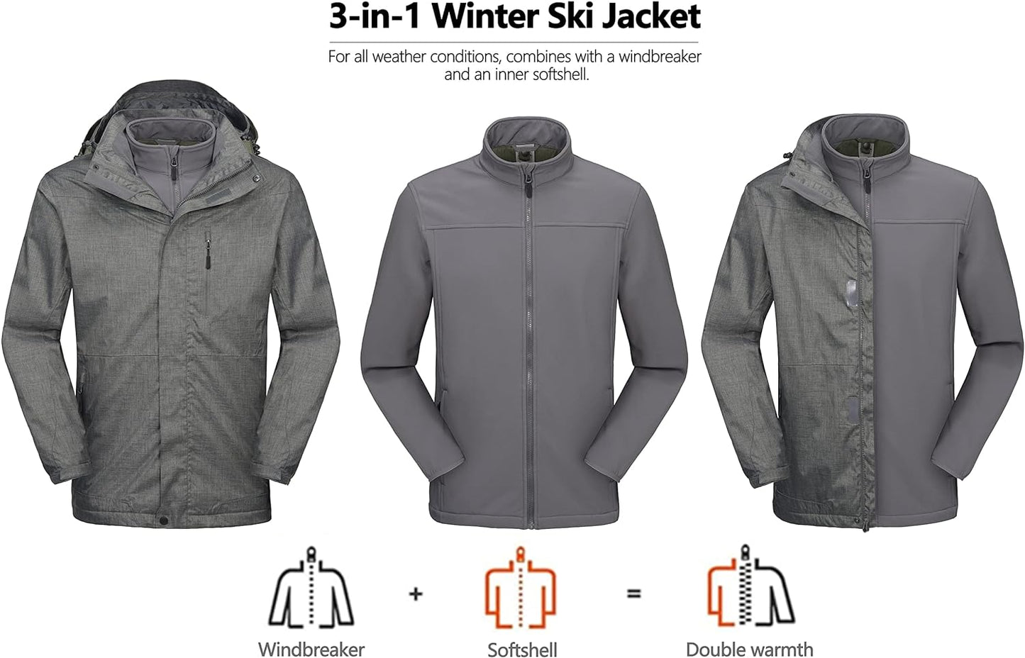 Giacca Da Sci Da Uomo 3 in 1, Impermeabile, per Neve, Pioggia, Invernale, Con Interno in Softshell Termico