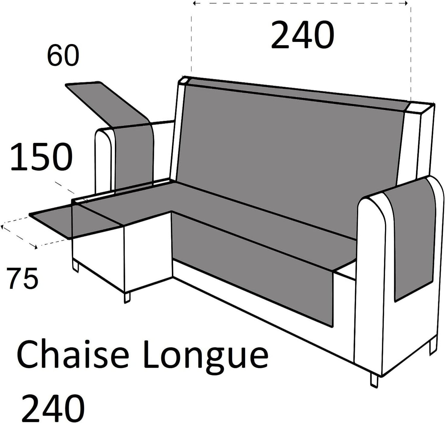 Textilhome - Copridivano Salvadivano Chaise Longe MALU - Color C/2 -BRACCIOLO SINISTRA - Protezione per Divani Imbottiti - Dimencione 240Cm -(VISTO DI FRONTE).