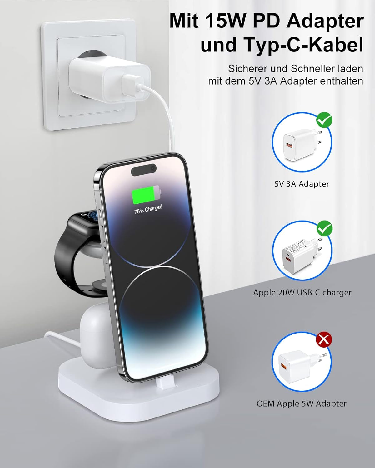 Stazione Di Ricarica per Più Dispositivi –  3 in 1 Supporto Di Ricarica Senza Fili Bianco, Dock Ricarica, Base Caricatore