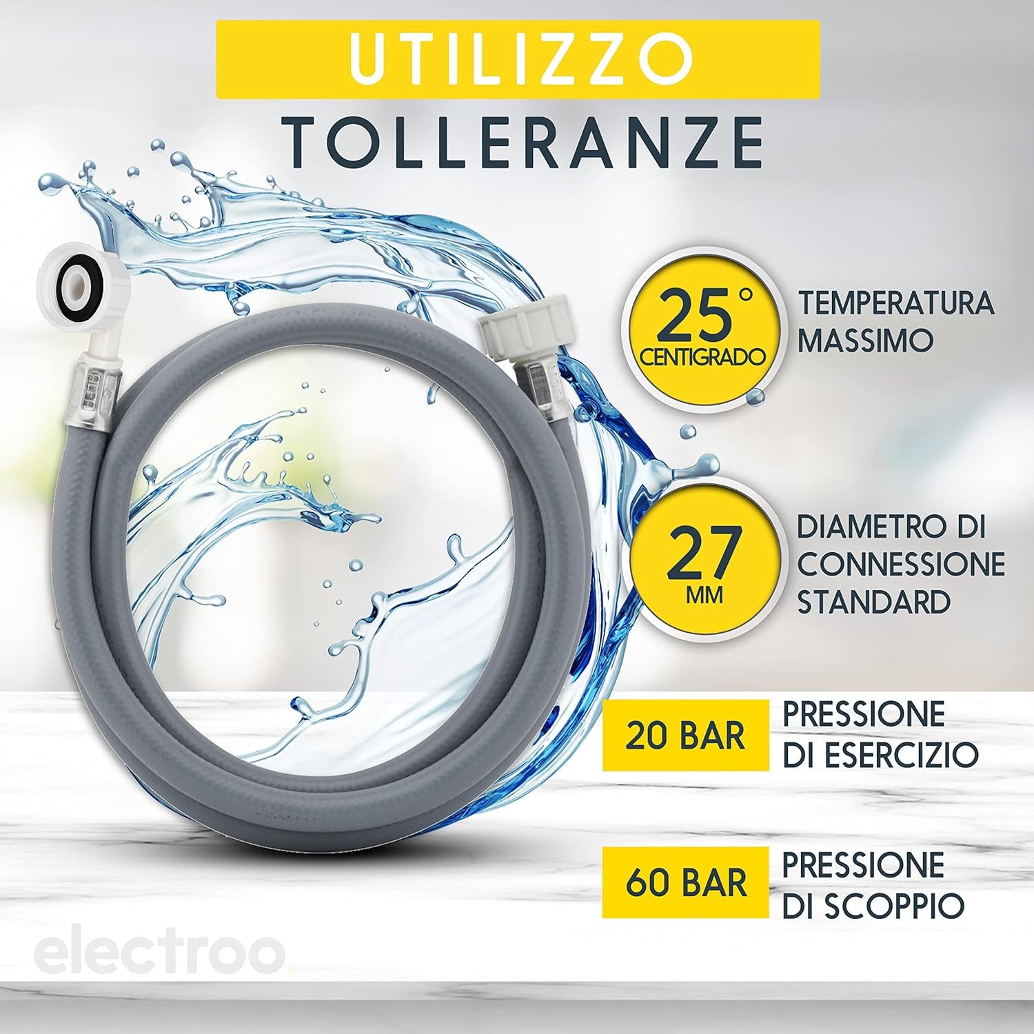 Electroo Tubo Acqua Lavatrice 1,5M | Flessibile Lavastoviglie Ø20-27 Mm | Tubo Carico Lavatrice Curalavastoviglie | Tubo Di Gomma Acqua Lavatrici Norme | Filetto in Plastica, 2 Guarnizioni in Gomma