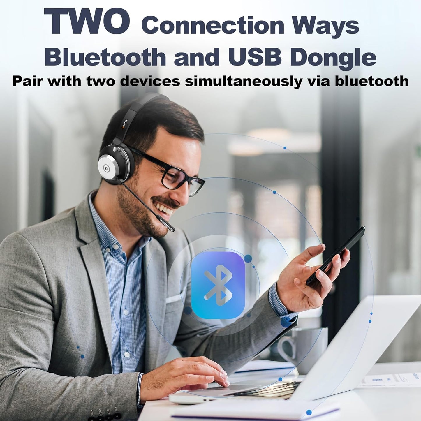 Cuffie Con Microfono, Cuffie Wireless 882BT Con Stazione Di Ricarica, V5.2 Bluetooth Con Microfono Di Cancellazione Del Rumore E Dongle USB, Compatibile Con Computer Laptop Teams