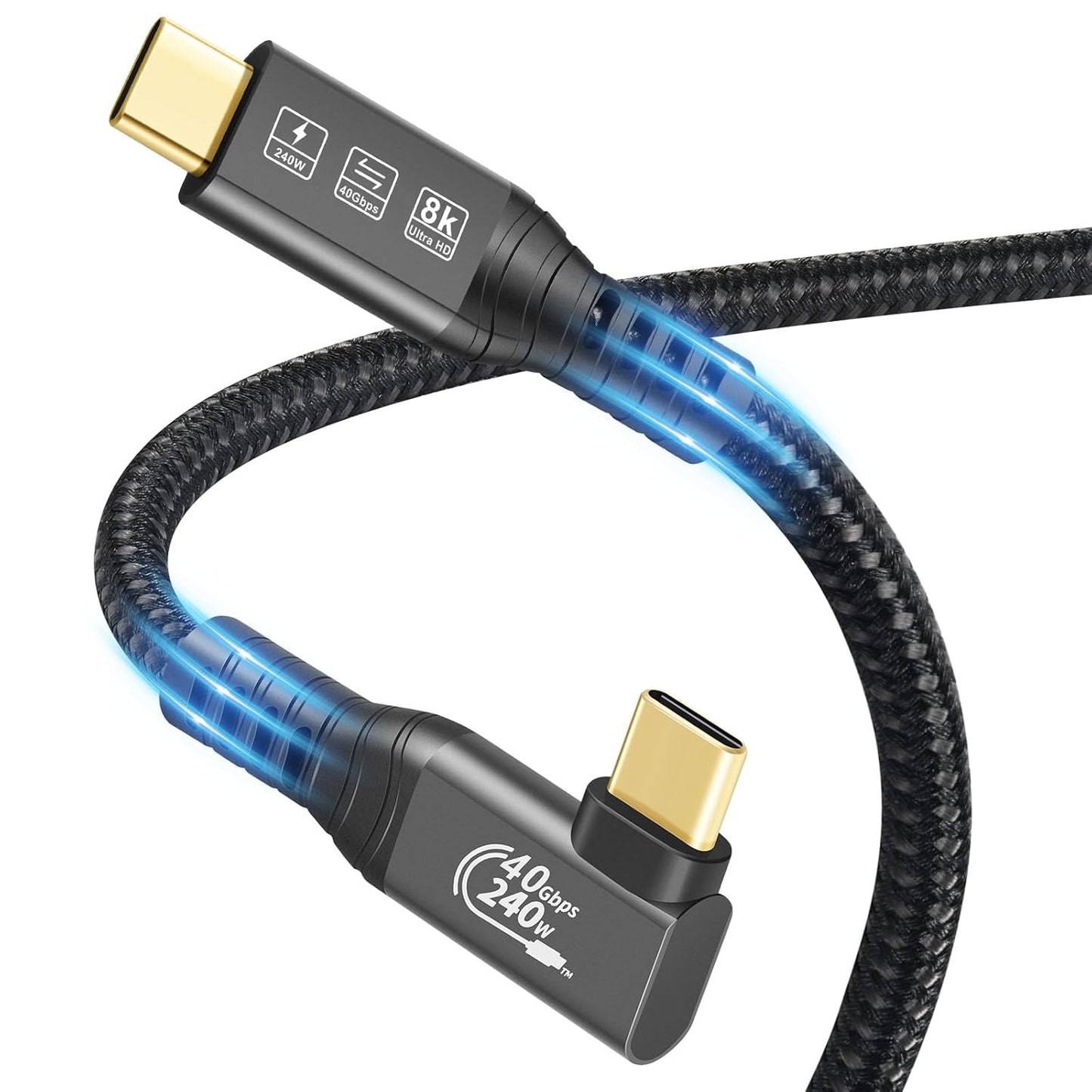 Cavo USB4, Con Cavo Thunderbolt 4, Cavo Di Ricarica Da 240 W, Cavo Dati Da 40 Gbps, HDR 8K @ 60Hz, Cavo USB C a USB C, 90 Gradi per Hub, Dock Macbook, M2, M3, Mac SSD (90 Gradi USB4 40G 240 W 0,5 M)