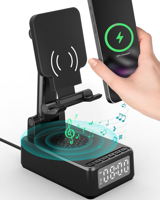 Altoparlante Bluetooth Con Caricabatterie Wireless E Supporto per Telefono, Supporto Pieghevole Ad Angolo E Altezza Con Sveglia, Ottimo Regalo Di Compleanno per Uomini, Donne, Genitori E Festival