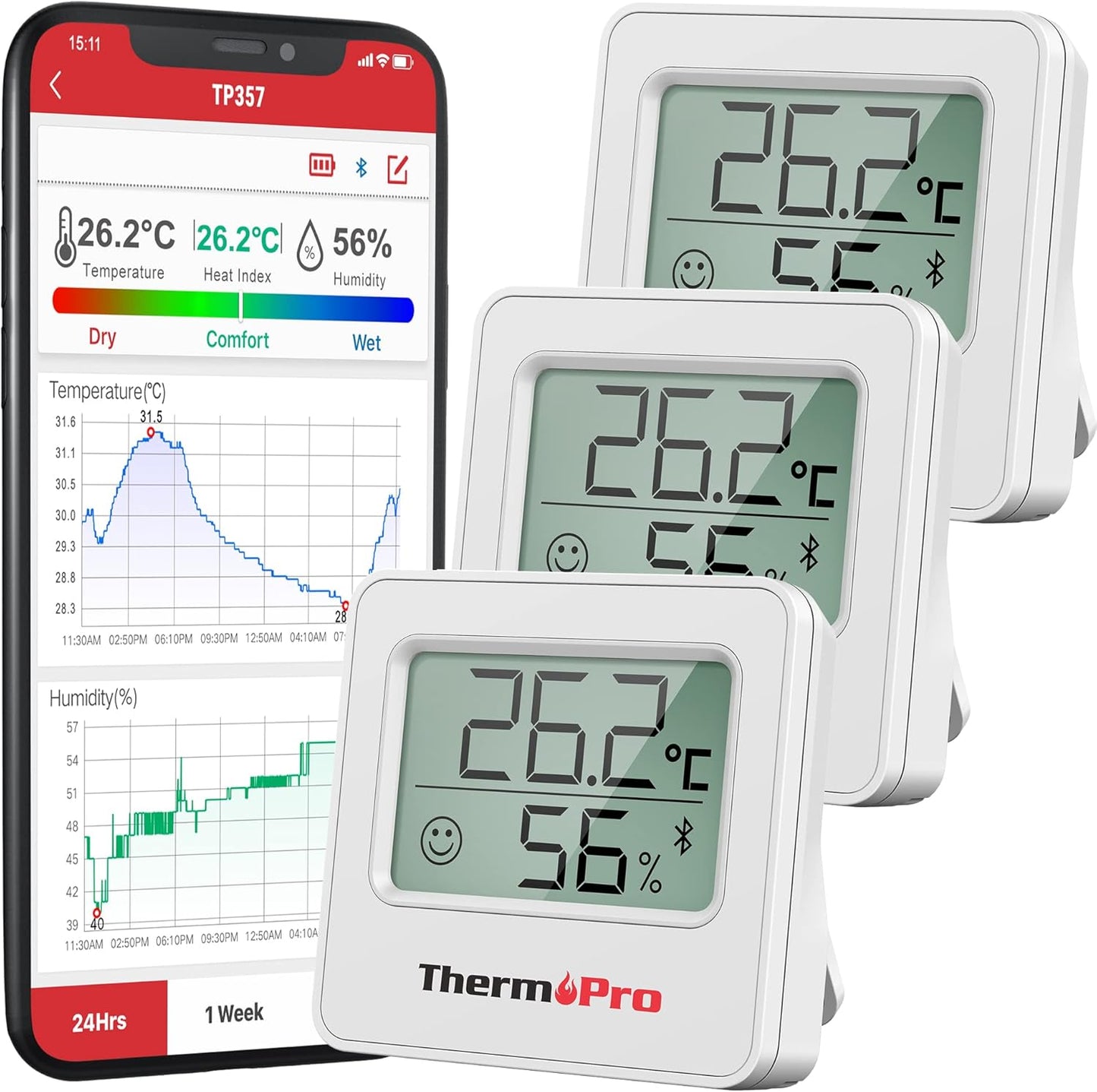 TP357 Termometro per Ambienti Interni Bluetooth Igrometro Misuratore Di Umidità E Monitor Della Temperatura Con APP Intelligente E Registrazione Dei Dati per Camera Del Bambino 3 Pezzi