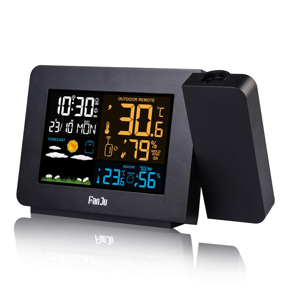 FJ3391 Stazione Meteorologica Wireless Con Sensore Esterno Sveglia Con Proiezione Temperatura Interna Ed Esterna E Umidità Fase Lunare Radiosveglia (Versione in Lingua Italiana Non Garantita)