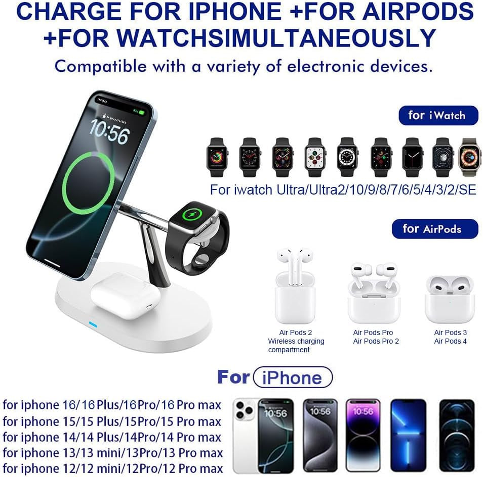 Caricatore Magnetico 3 in 1, Compatibile Con Caricabatterie Magsafe per Iphone 15/14/13/12, Con Adattatore PD, Ricarica Rapida Pieghevole per Apple Watch Ultra/9/8/7/6/5/4 E Airpods Pro/3/2