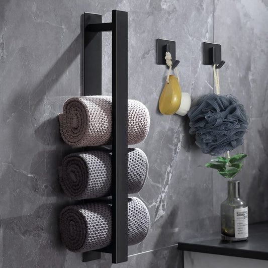 - Portasciugamani Senza Foratura, Barra Porta Asciugamani, Da Bagno, Da Parete, in Acciaio Inox, Opaco, per Ospiti, Colore Nero, 40 Cm E 2 Ganci per Asciugamani