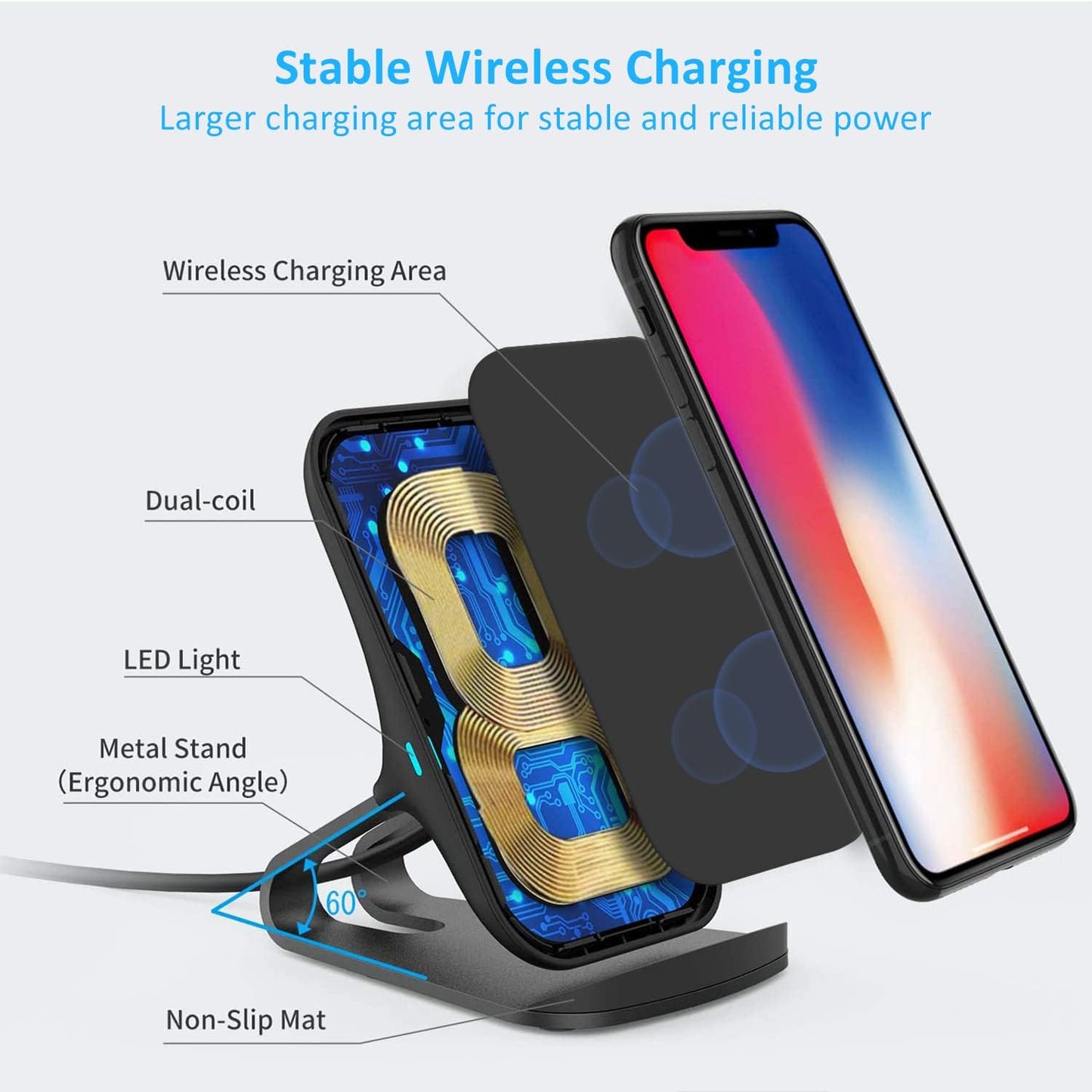 Stazione Di Ricarica Wireless Qi 15 W Max Ricarica Wireless Veloce Compatibile Con Samsung S21/S20 Fe/Ultra/Note20, Pixel 5, LG Velvet 5G, Xiaomi, Iphone15/14/13/12/ Iphone15 Pro Max 11 E Più (Sliver)