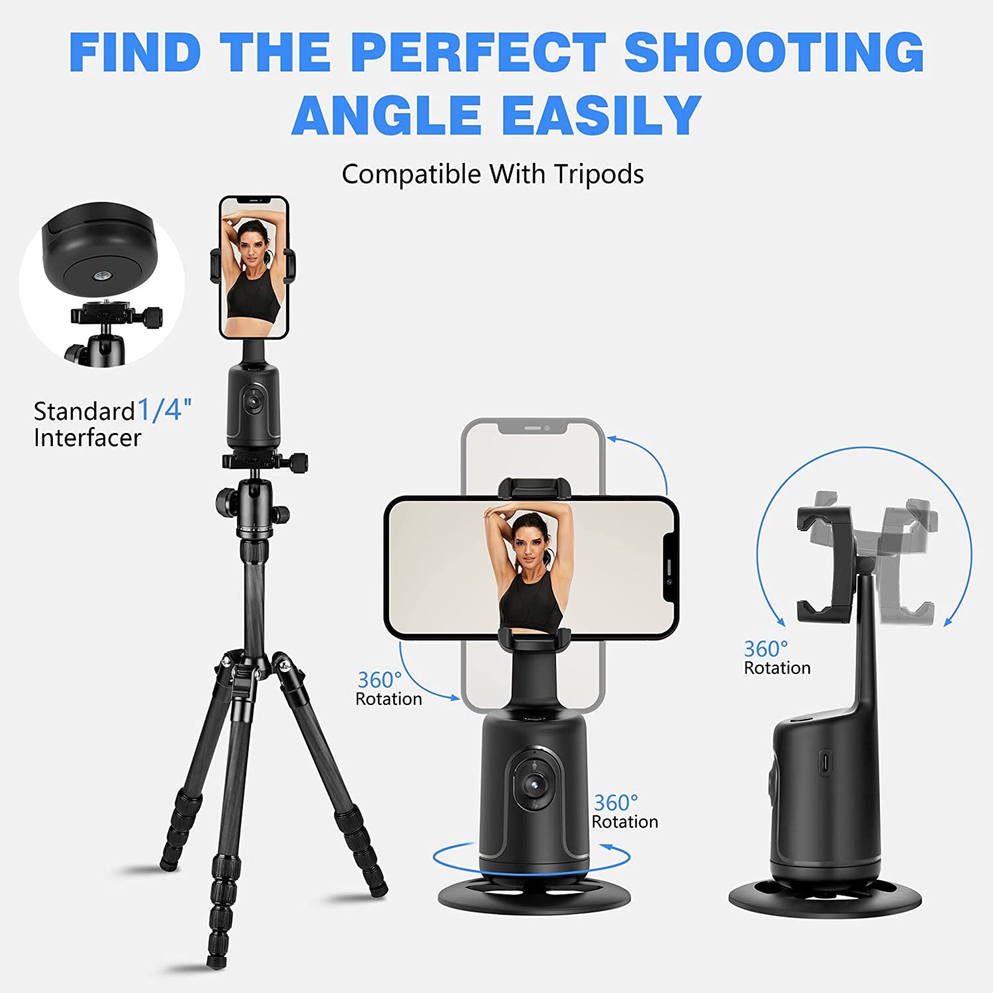 Treppiede per Tracciamento Facciale Automatico, Rotazione a 360°, Supporto per Fotocamera per Telefono, Supporto per Scatto Intelligente, Con Bastone per Selfie, Senza App, Controllo Gestuale, Per