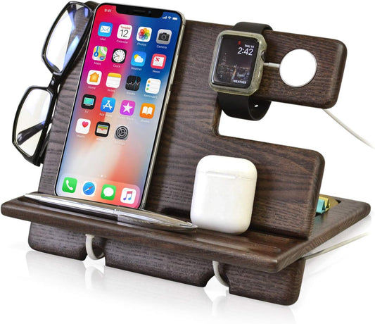 Docking Station in Legno per Telefono Dalla Cenere Con Svuota Tasche E Porta Orologio Natale Regalo Da Uomo Docking Station Organizzator per Orologi Compatibile Con Iphone Iwatch Airpods