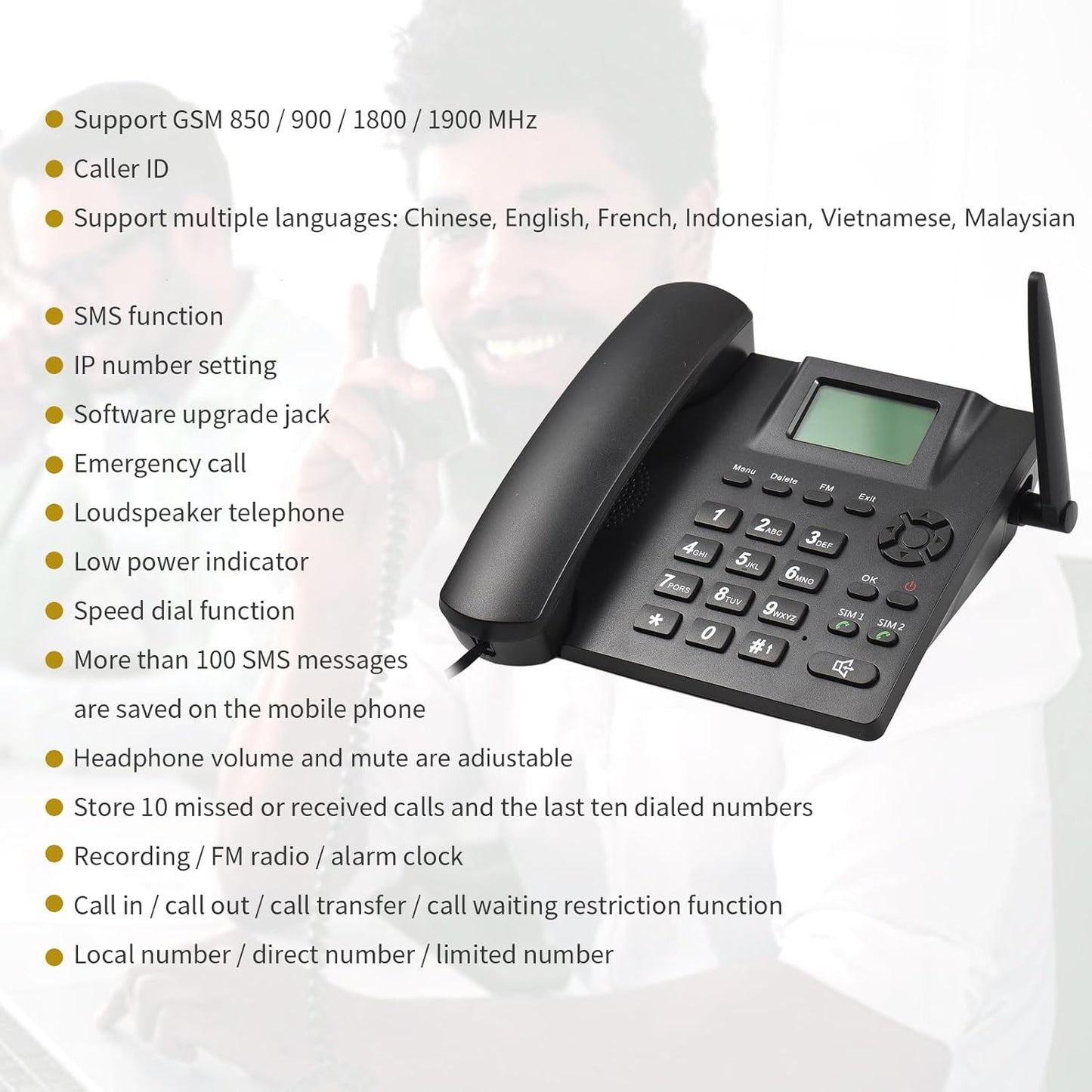 Telefono Fisso Con Sim, GSM850/900/1800/1900MHZ, Dual SIM Segnale 2G, Telefono Fisso Anziani Con Funzione Registrazione, per Casa, Ufficio, Hotel