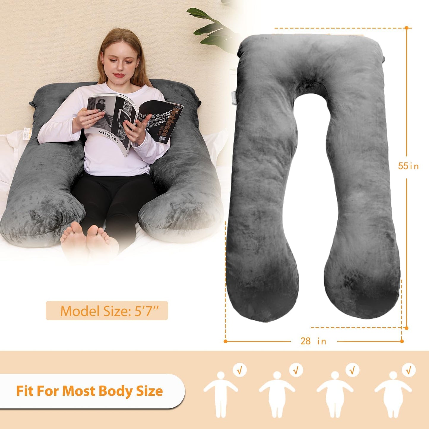 Cuscino Gravidanza, Cuscino per Chi Dorme Sul Fianco a Forma Di U Con Fodera, Cuscino a U,Cuscino per L'Allattamento, Cuscino Di Posizionamento Grande per Donne,Nero