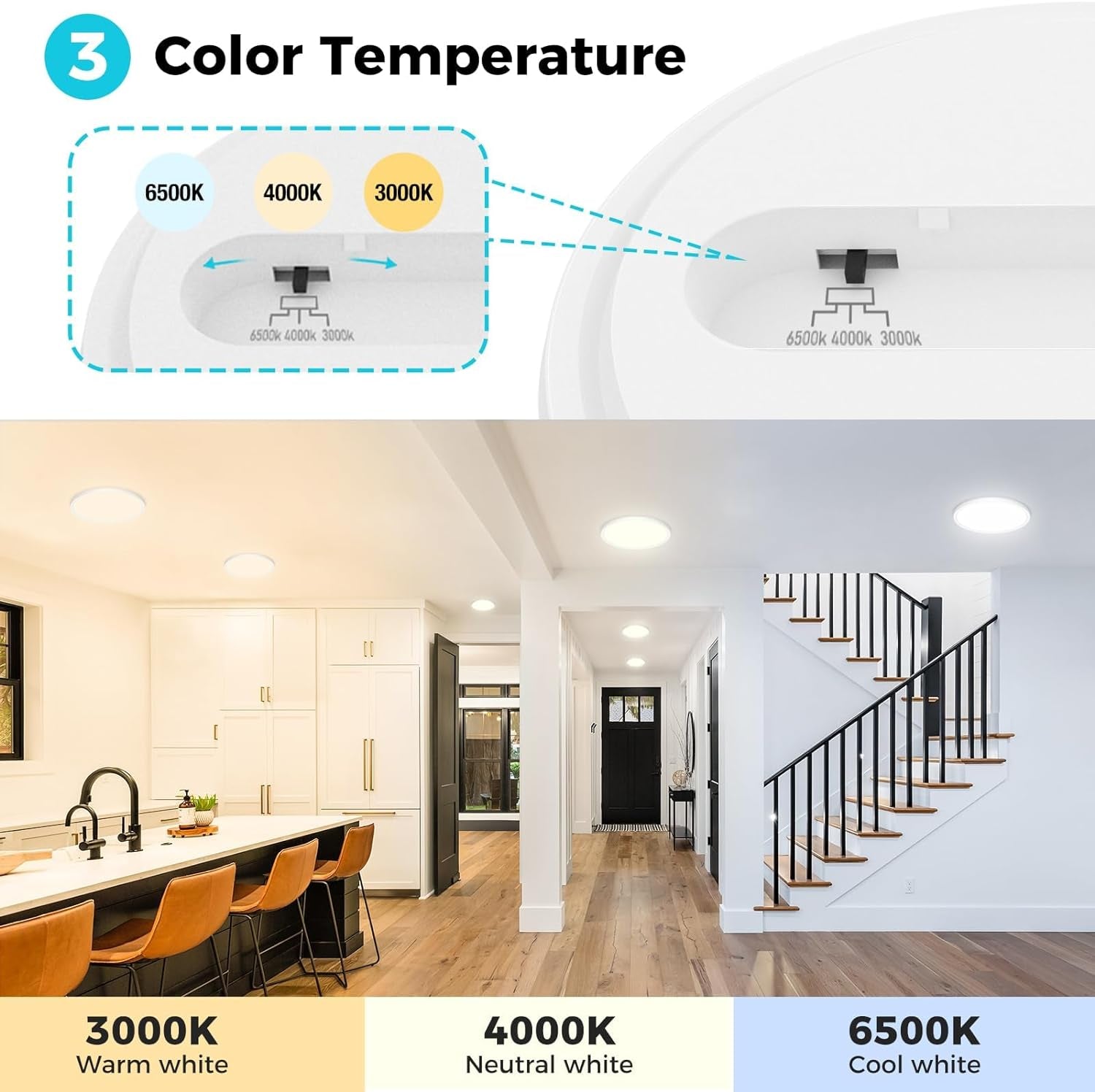 Set Di 3 Plafoniere a LED, 3000K/4000K/6500K, Illuminazione Da Soffitto, 15 W 18 Cm, 1500 Lm, Moderna, Molto Sottile, Rotonda, per Ufficio, Soggiorno, Camera Da Letto, Cucina, Bagno, IP44,