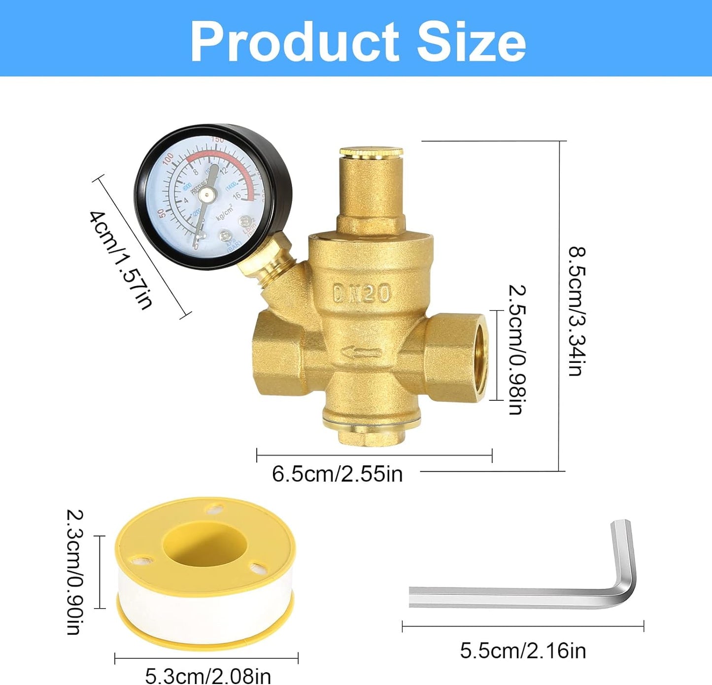 Regolatore Di Pressione Acqua 3/4 Pollice DN20 Con Manometro Pressione Acqua 100% in Ottone Ad Alta Durezza, Riduttore Pressione Acqua Valvola Di Riduzione Della Riduttore Di Pressione Acqua 3/4