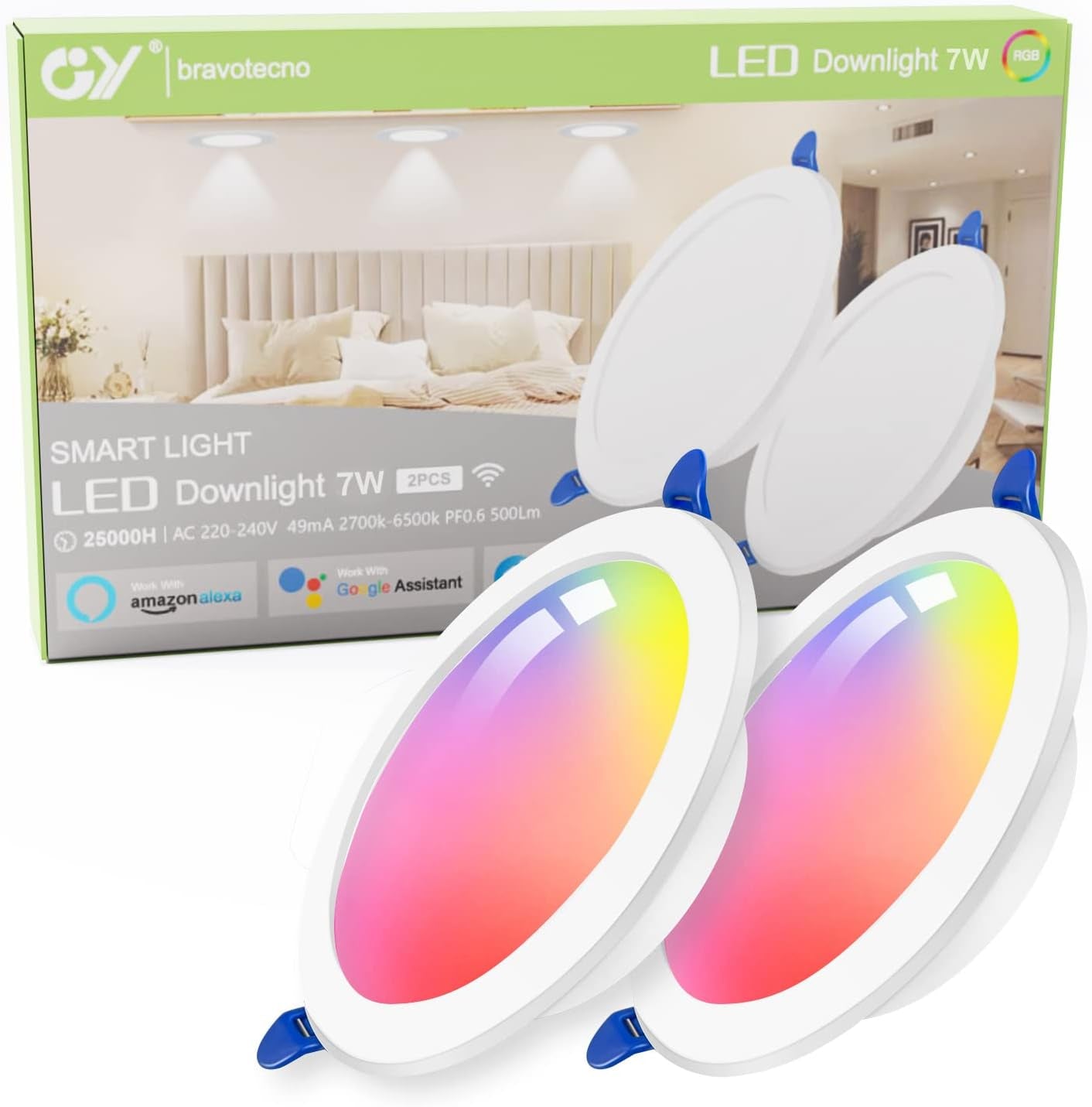 Faretti Alexa Led Da Incasso,7W 500LM Compatibili Con Alexa E Google Home, Multicolore RGBCW LED Dimmerabile, Luci Ultrasottili Faretti Smart Led Da Incasso per Cartongesso, 2 Pezzi