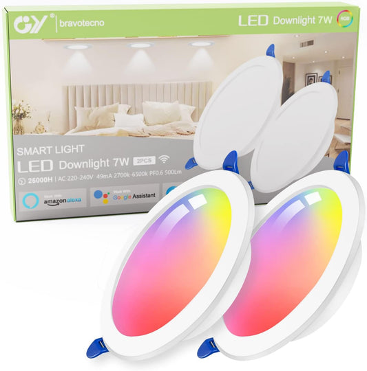 Faretti Alexa Led Da Incasso,7W 500LM Compatibili Con Alexa E Google Home, Multicolore RGBCW LED Dimmerabile, Luci Ultrasottili Faretti Smart Led Da Incasso per Cartongesso, 2 Pezzi