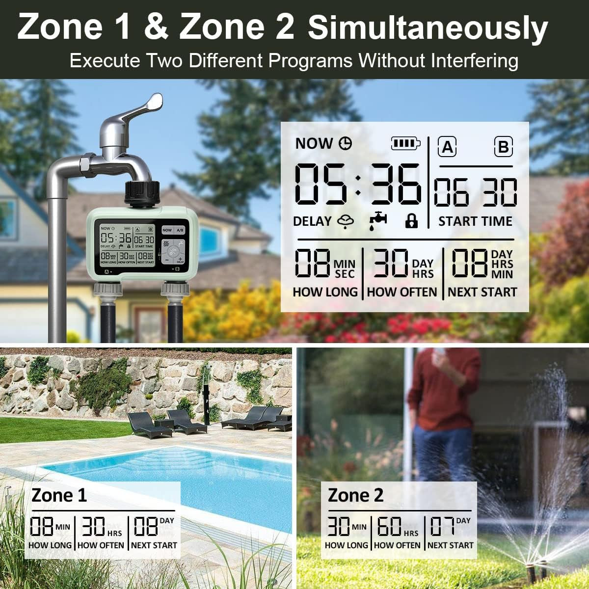 Computer per L'Irrigazione Con 2 Uscite Controllate in Modo Indipendente, Timer Digitale per L'Acqua  Con Display LCD, Controller per L'Irrigazione Automatica/Manuale