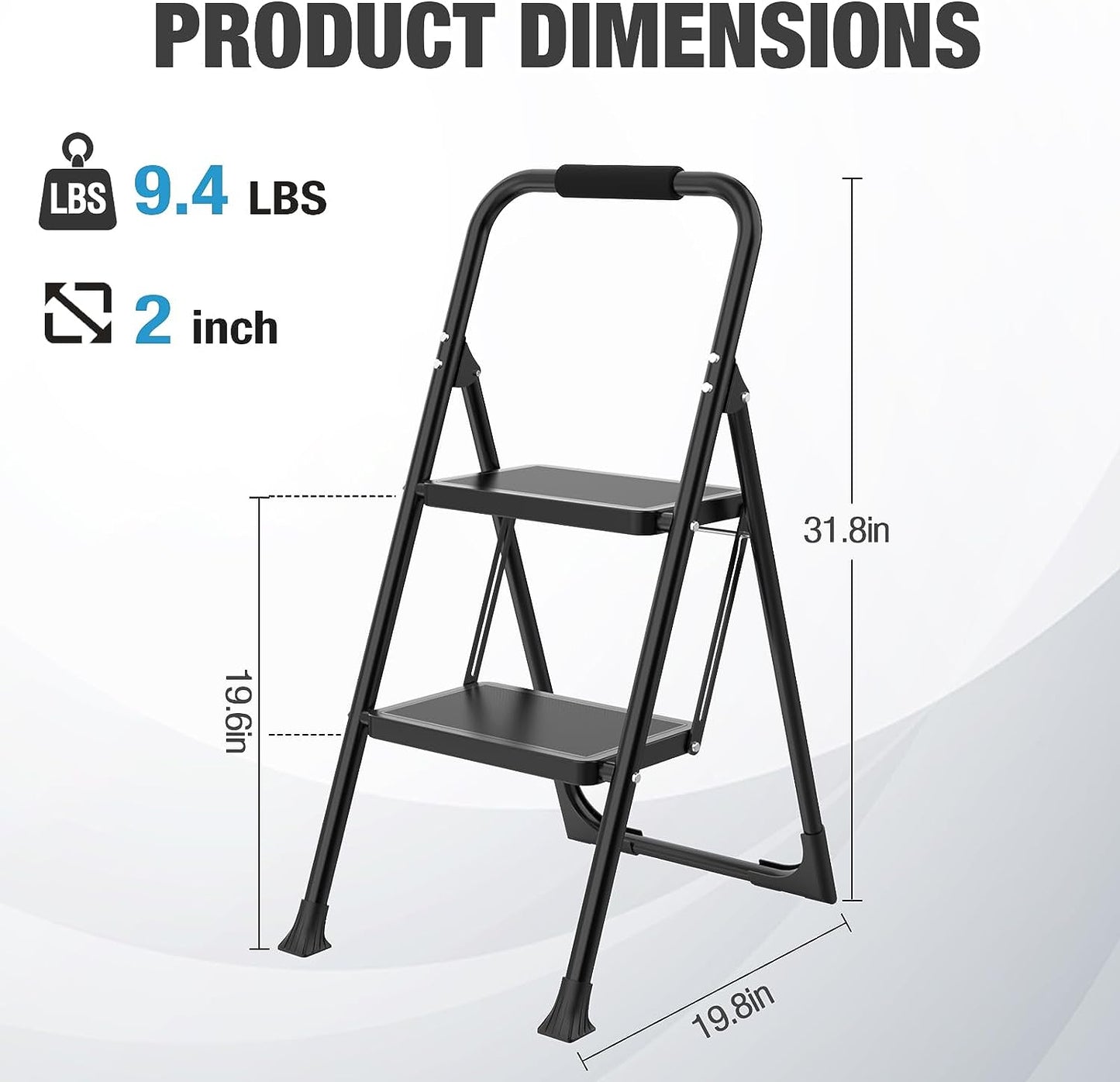 Scaletta Pieghevole a 2 Gradini, Scala a 2 Livelli, Sgabello Pieghevole Con Manico Imbottito, Scala Con Capacità Di 150 Kg, Scala a 2 Livelli Con Ampio Pedale Antiscivolo