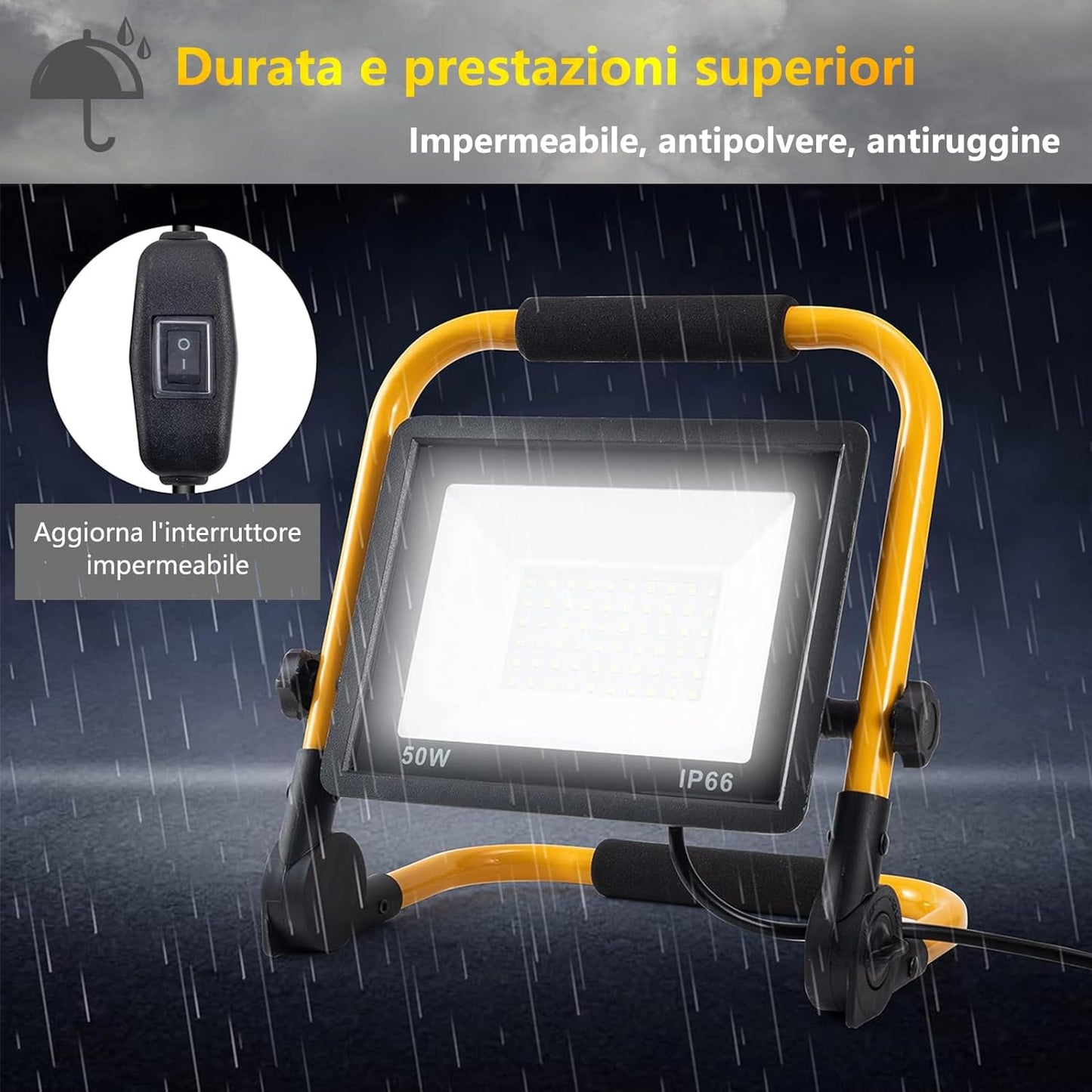 Faretto LED Da Cantiere 50W, 5000 LM, Super Luminoso Faro LED Con Spina, IP66 Impermeabile, 4 Metri Di Filo, Portatile, per Riparazioni Auto, Officina, Campeggio, Garage, 6500 K