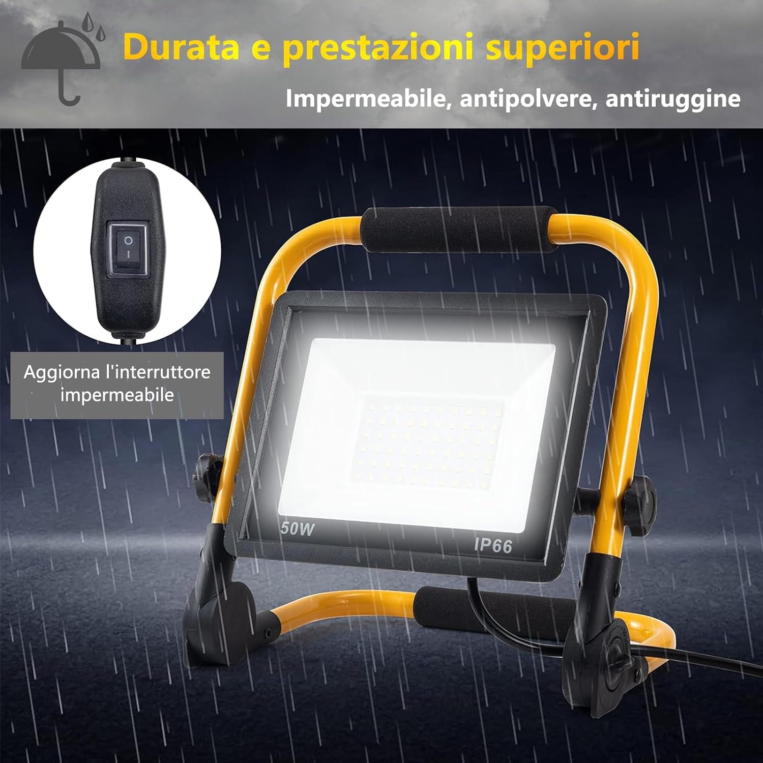 Faretto LED Da Cantiere 50W, 5000 LM, Super Luminoso Faro LED Con Spina, IP66 Impermeabile, 4 Metri Di Filo, Portatile, per Riparazioni Auto, Officina, Campeggio, Garage, 6500 K