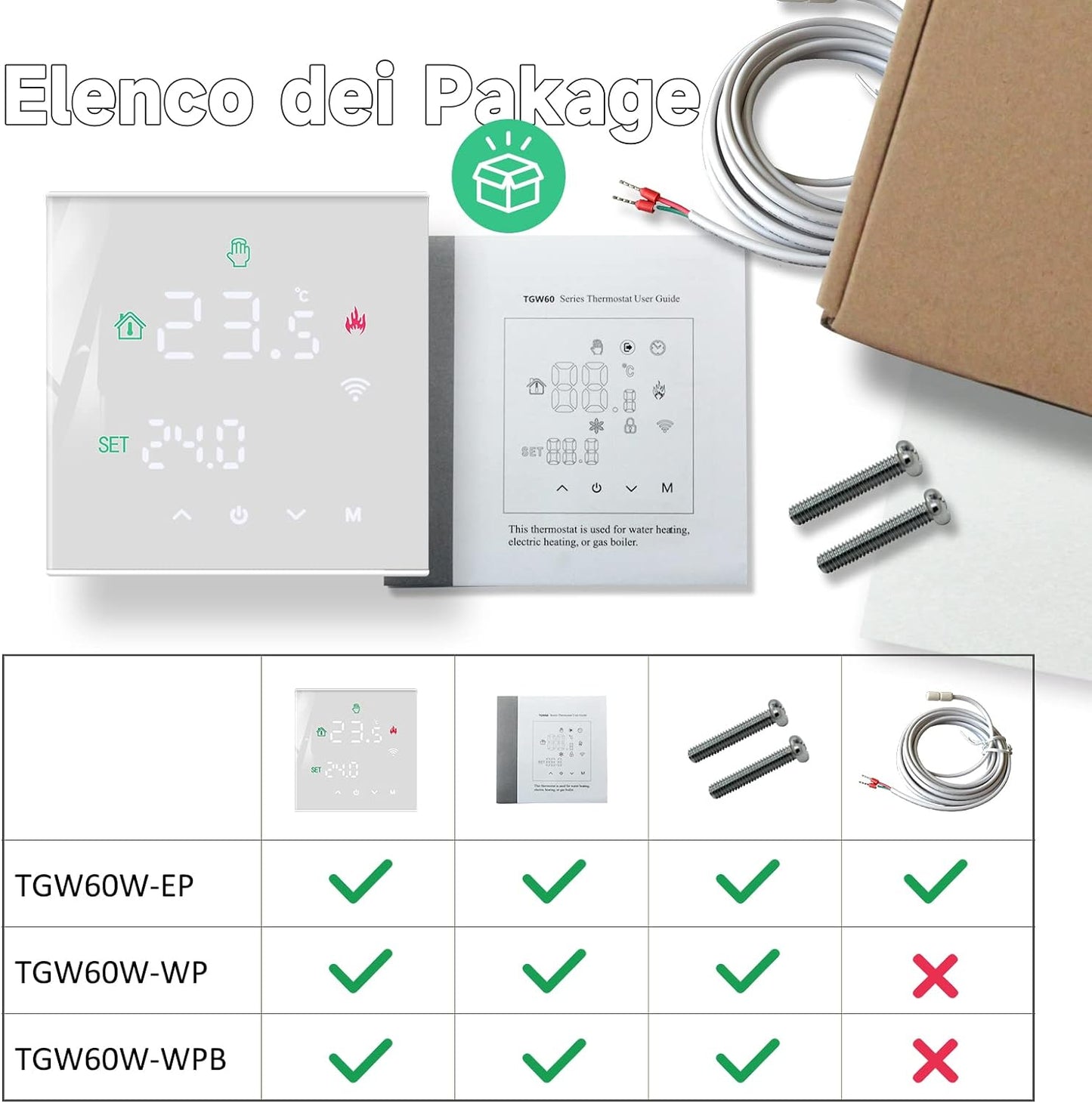 Termostato Wifi Caldaia a Gas,Termostato Programmabile Settimanale Intelligente，Termostato Controllo Con Tuya Samrt Compatibile Con Google Assistant E Alxe,Termostato Ambiente Digitale TGW60W-WPB