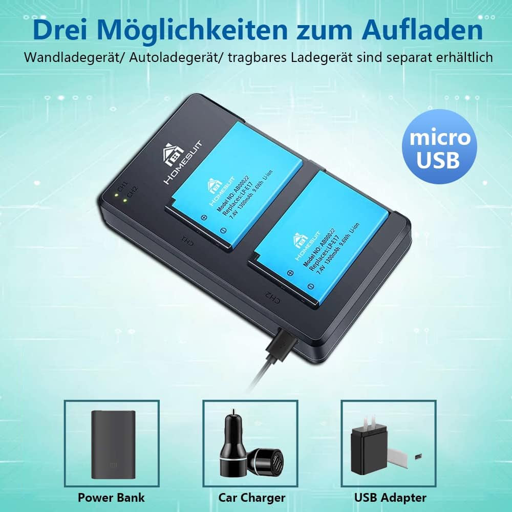 Confezione Da 2 Batterie LP-E17 E Caricatore Doppio USB Rapido per Canon Rebel SL3, SL2, T8I, T7I, T6I, T6S, EOS R10, R50, R8, RP, M3, M5, M6, 200D, 77D, 750D, 760D, 800D, 8000D