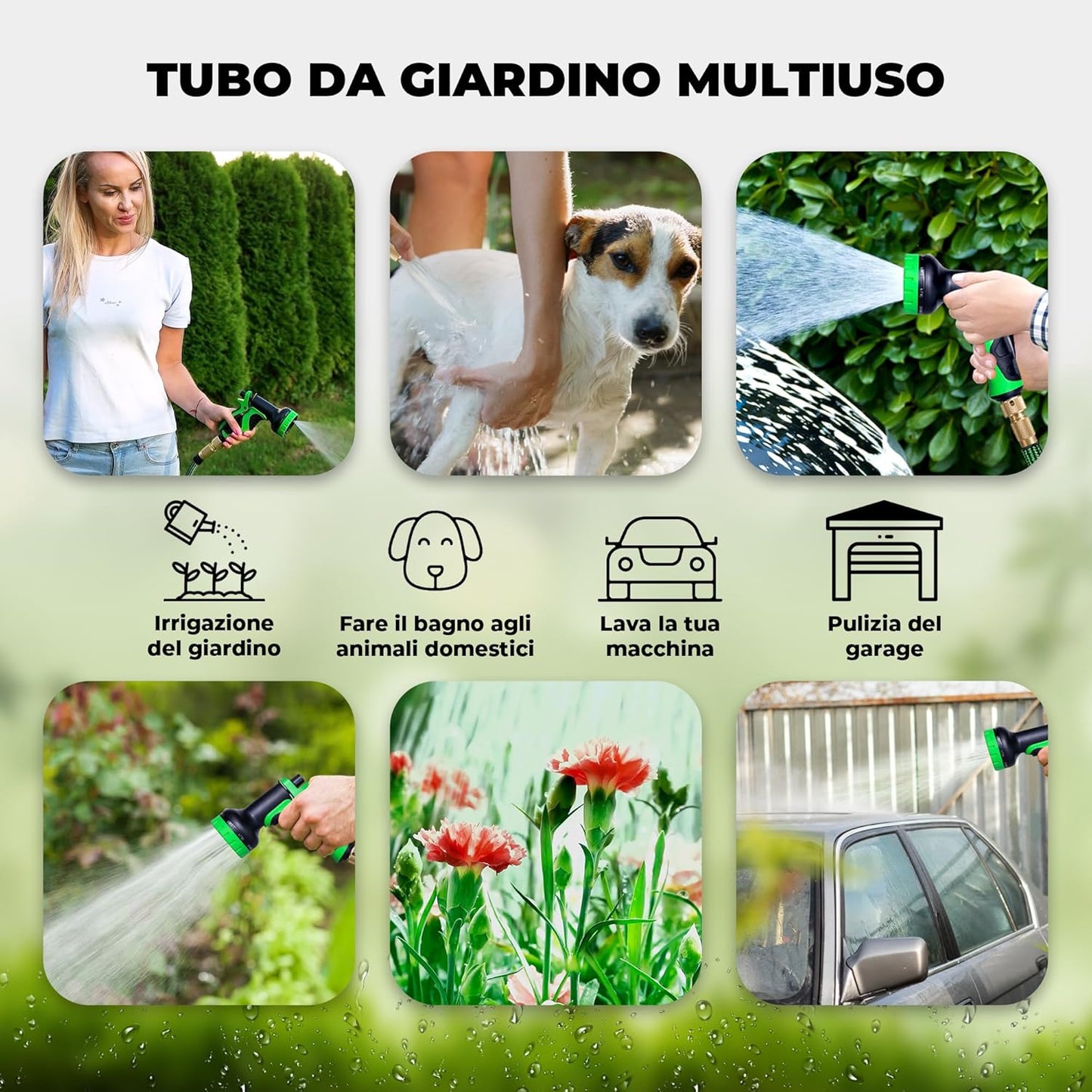Tubo Acqua Giardino 15 Metri Tubo Estensibile Da Giardino - Canna Acqua Giardino Con Pistola Acqua Giardino a 9 Modalità Di Spruzzo - Tubo Irrigazione Con Raccordi in Ottone Da 1/2" E 3/4