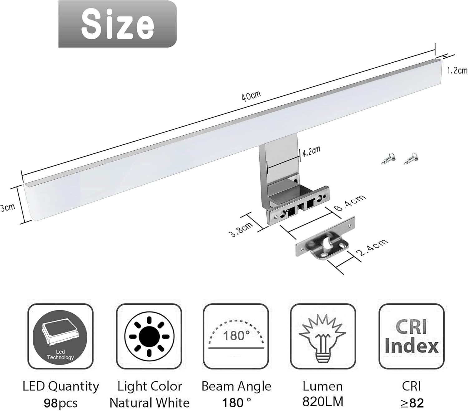 Lampada Specchio a Led/Lampada Specchio Bagno 10W 820Lm 40Cm Bianco Neutro 4000K,IP44 230V,Lampada LED Armadio in Acciaio Al Nichel-Cromo,Lunghezza Prodotto:400Mm