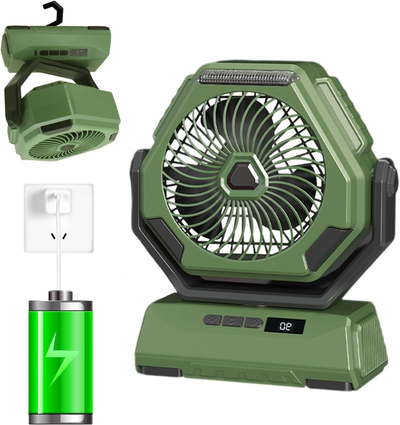 Ventilatore Da Campeggio 10000Mah, Ventilatore Da Tavolo Ricaricabile a 90°Oscillante Con Luce LED, Ventola Di Raffreddamento USB Con Gancio per Appendere in Viaggio, Pesca,