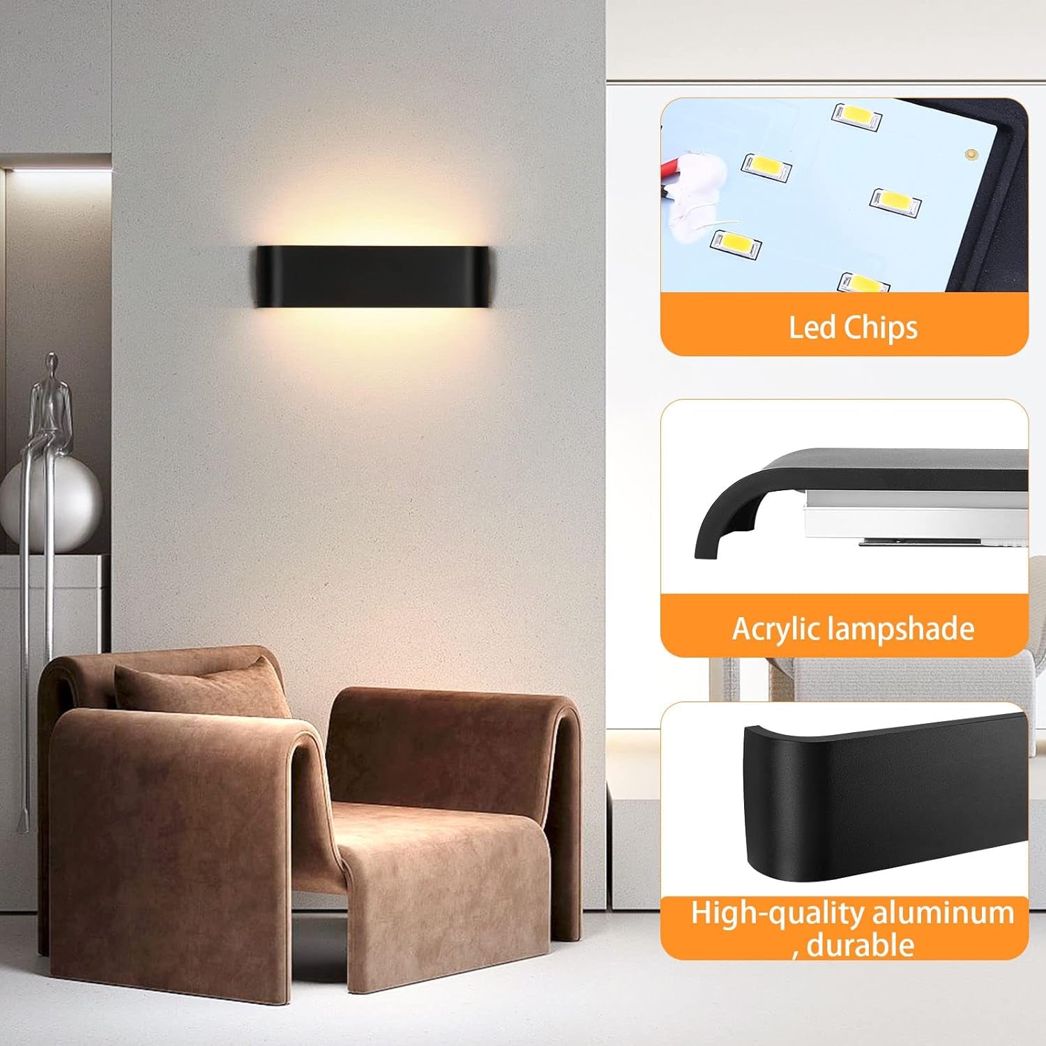 16W Lampada Da Parete Interno LED, Applique Da Parete Nero, Illuminazione Moderna per Camera Soggiorno, Allumialdonio Puro Con Luce IP44, Bianco Caldo, 30Cm