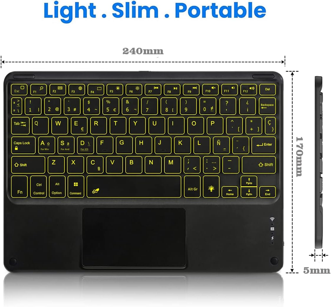 Custodia Con Tastiera Bluetooth Wireless 3.0 QWERTY Spagnolo Con Touchpad - PU Protettiva per 9.0"-10.6" Qualsiasi Ios/Windows/Android Tablet Retroilluminato