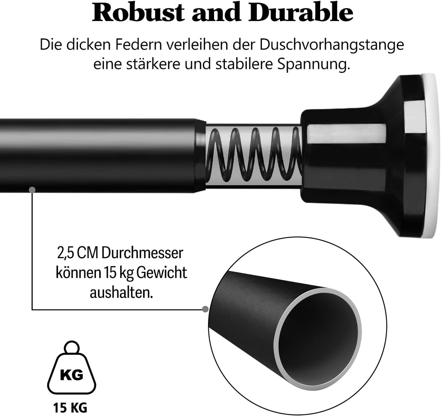 Asta per Tenda Da Doccia, Colore Nero Opaco, Regolabile, Telescopica, 74-255 Cm, Senza Fori E Antiruggine, per Bagno, Finestre