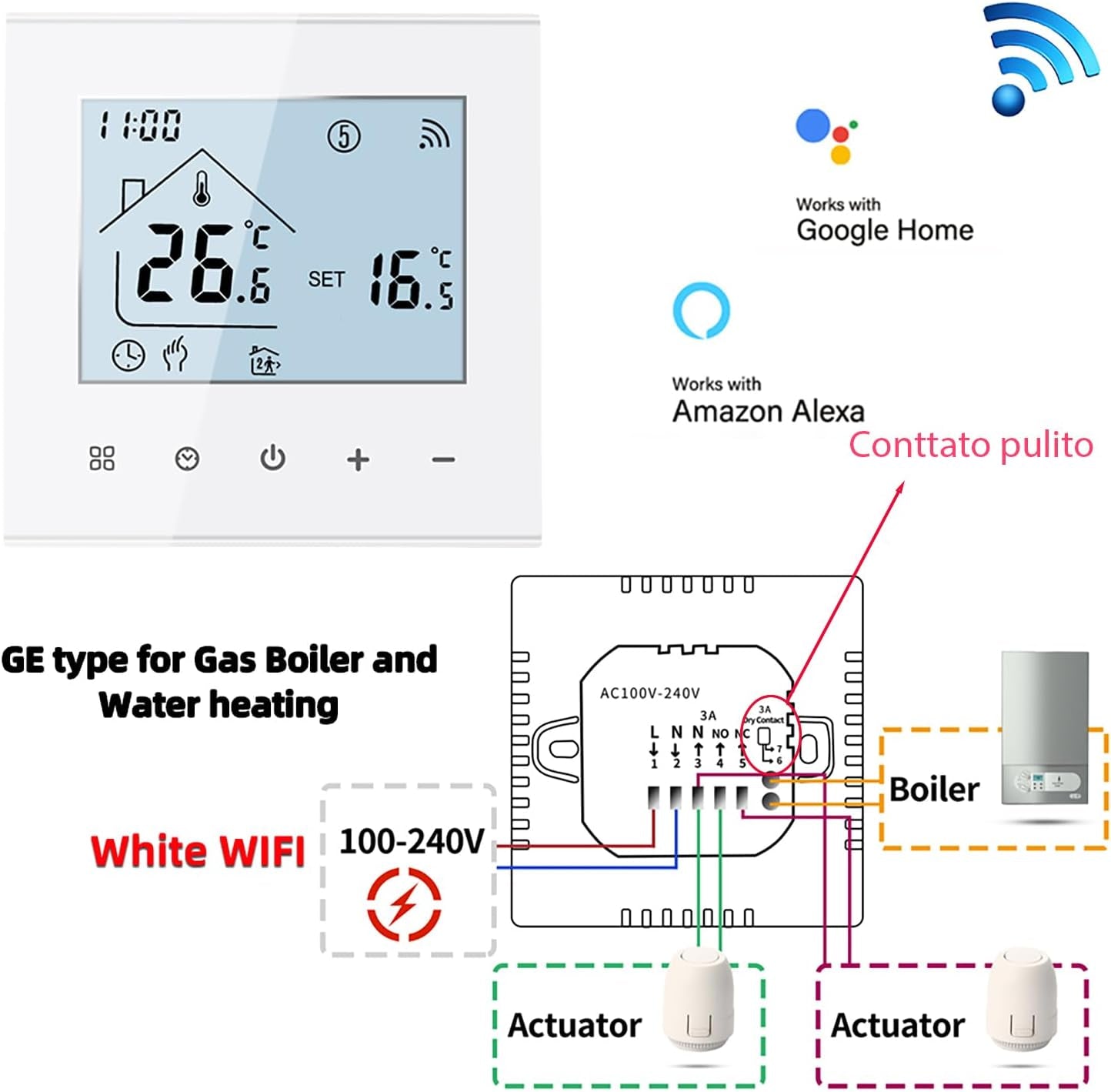 Termostato Wifi per Caldaia a Gas/Riscaldamento Ad Acqua,Termostato Wi-Fi Schermo LCD Touch Button Retroilluminato Programmabile Con Alexa Google Home E Telefono App (Aggiornato)