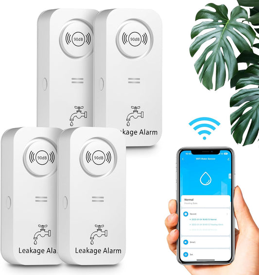 Rilevatore Di Perdite D'Acqua Wifi (Wifi 2.4G), Allarme Sensore D'Acqua Da 90 Db E Avviso Tramite App, Allarme Rilevatore Di Perdite Wireless, per Tubi, Cucine, Bagni, Cantine (4 Pezzi)