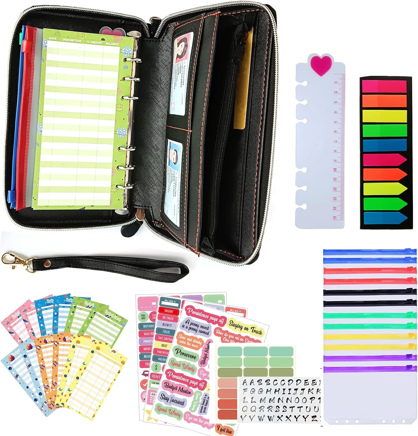 Raccoglitore per Budget A6 Con Cerniera, Organizer per Denaro, Portafoglio Con Busta per Contanti Con 12 Tasche per Raccoglitore in PVC, 12 Fogli per Budget, Etichette, per Risparmiare Denaro.（Nero）