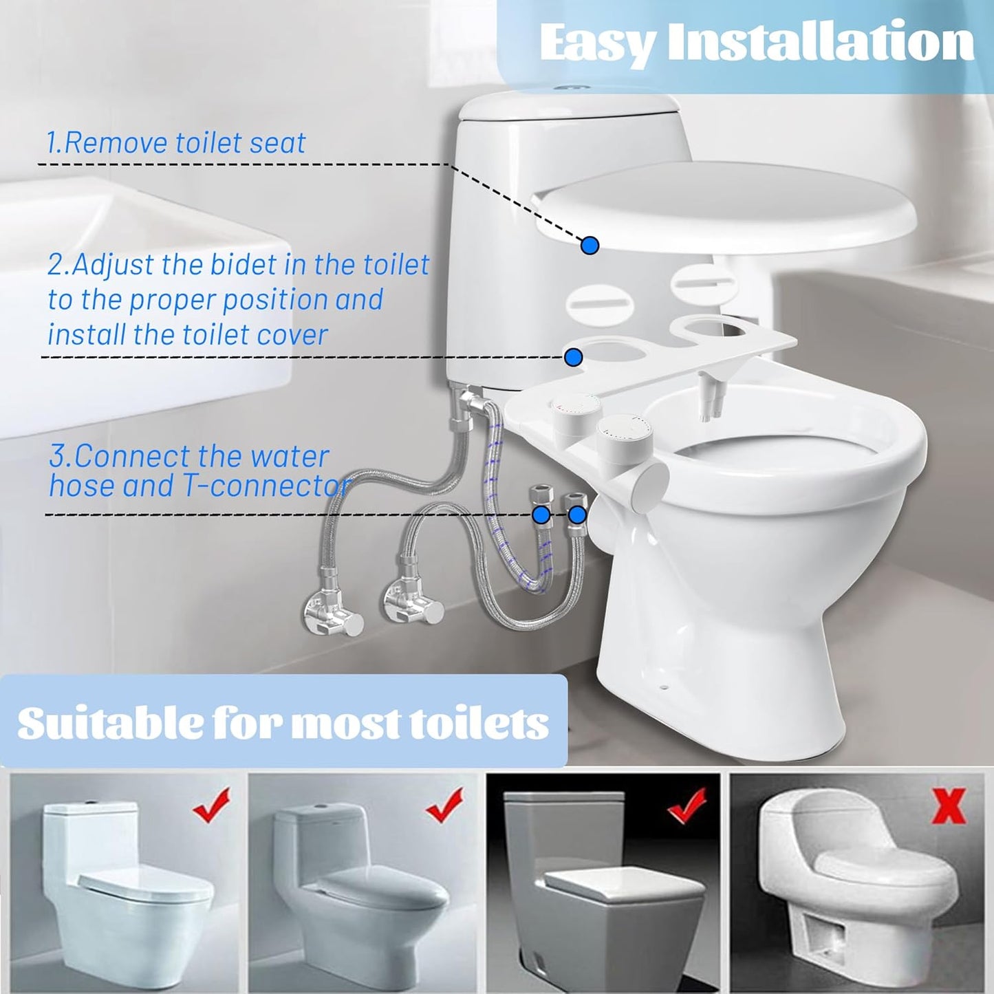Bidet Ultra Sottile E Minimalista per Acqua Fredda E Calda Con 2 Tubi Intrecciati in Acciaio Inossidabile Doppio Ugello Autopulente Retrattile Pressostato Regolabile