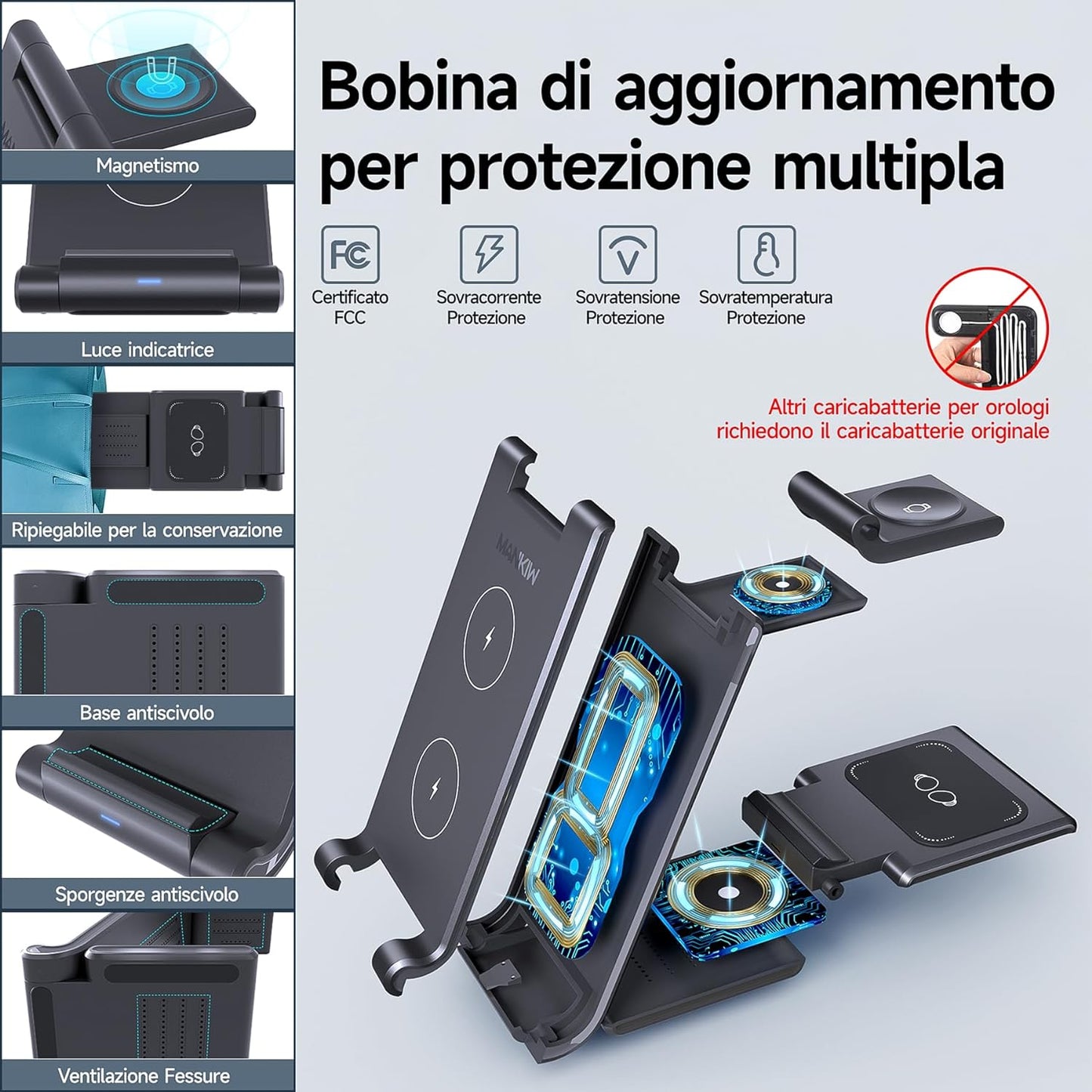 Stazione Ricarica per Samsung,  Pieghevole 3 in 1 Base Ricarica Wireless per Samsung S24/S23/S22/S21/S20, Z Fold 5/4/3, Note20/10 Ultra, Watch 6/5/4/3/Active, Buds2/+/Pro/Live